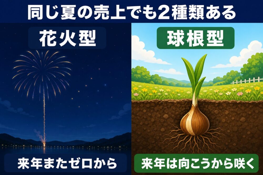 花火型と球根型の売上の対比図解