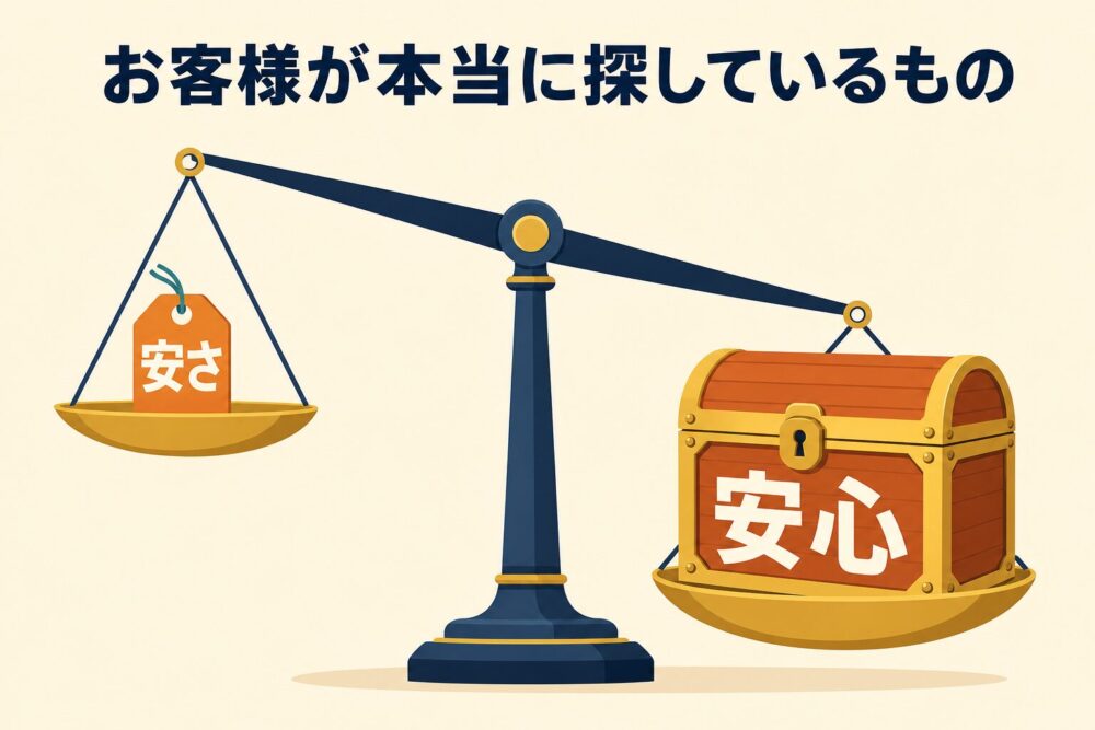 お客様が探しているのは安さより安心という天秤の図解