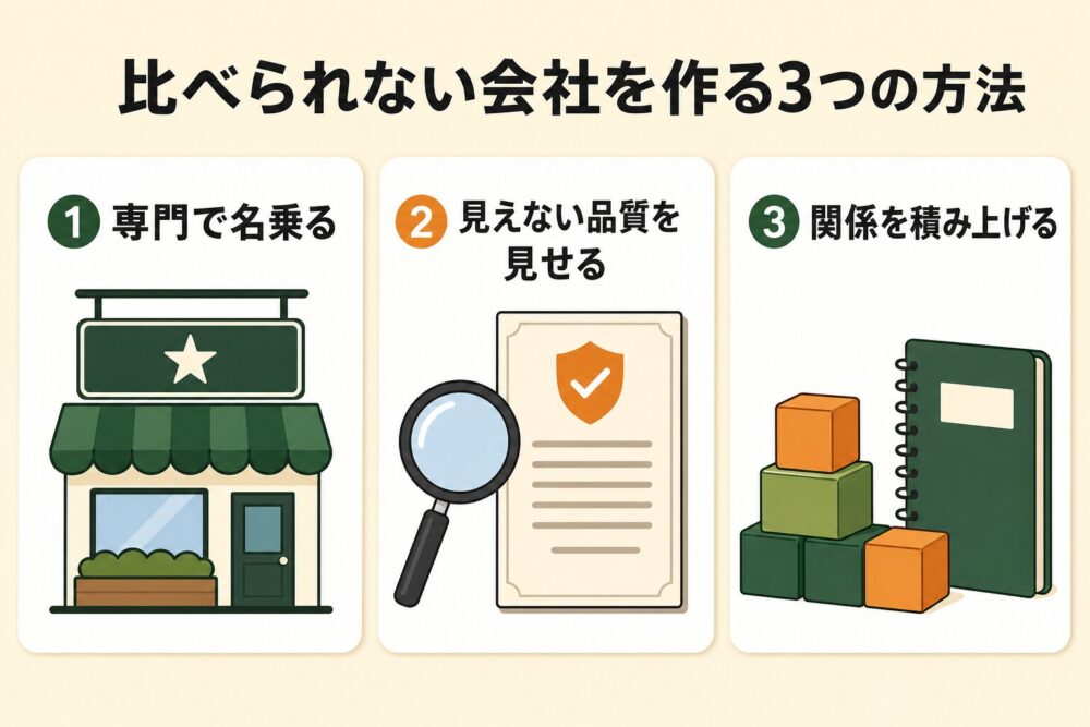 比べられない会社を作る3つの方法の図解