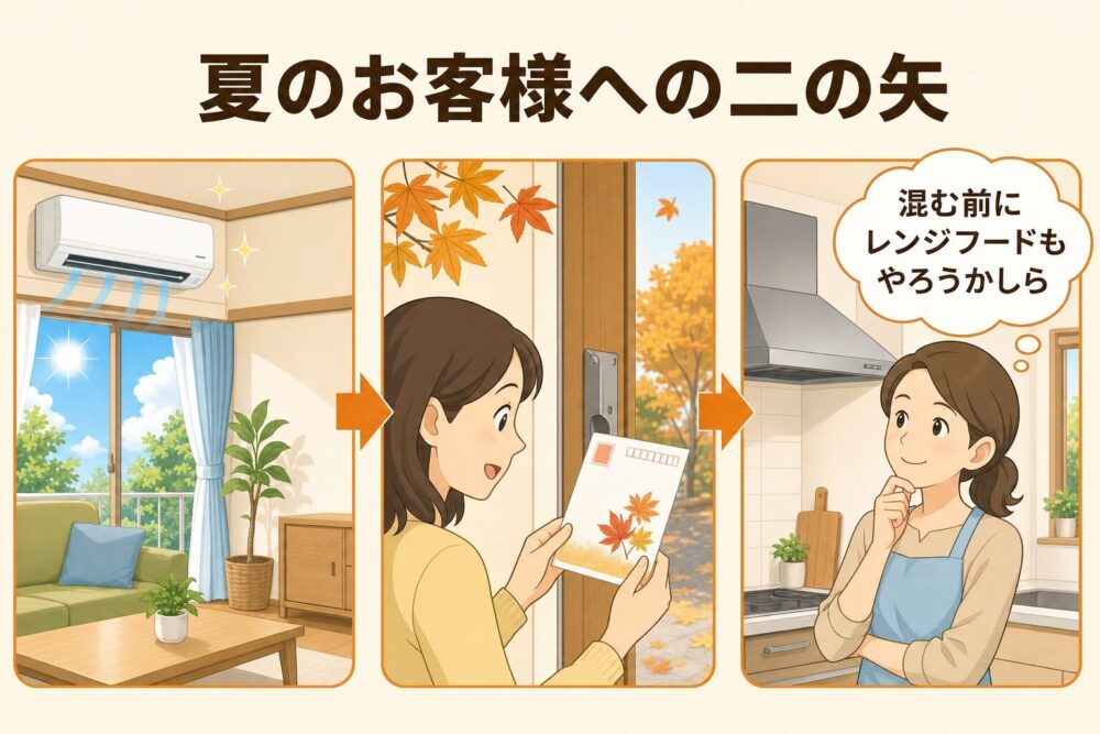 夏のお客様への二の矢、秋のレンジフード案内の図解