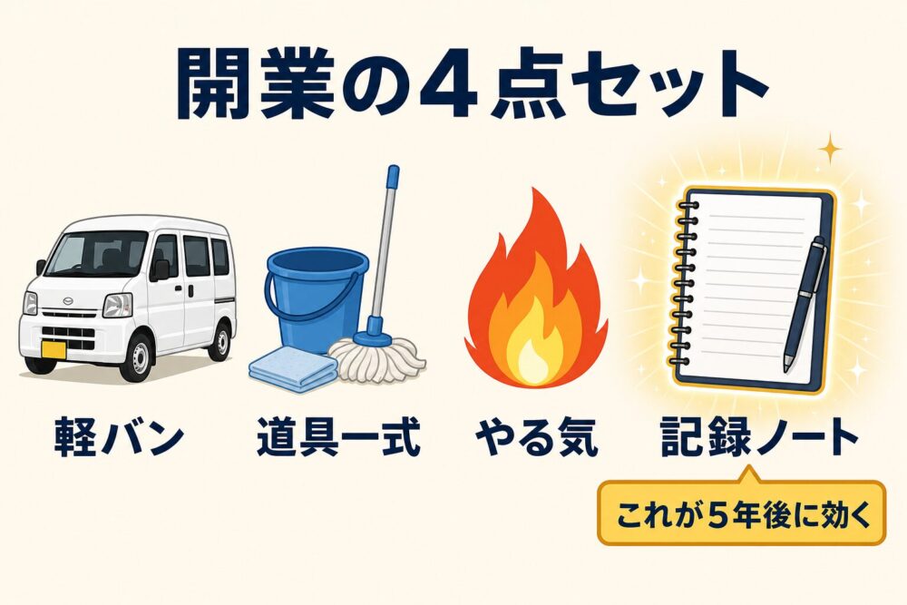 開業の4点セット、軽バン道具やる気記録ノートの図解