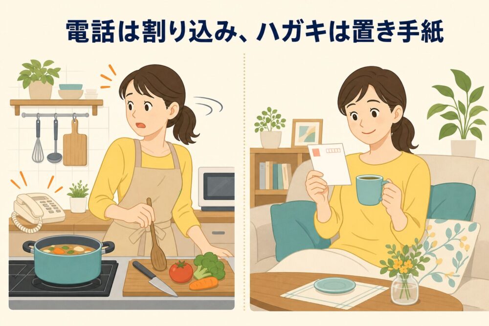 電話は割り込み、ハガキは置き手紙という対比の図解