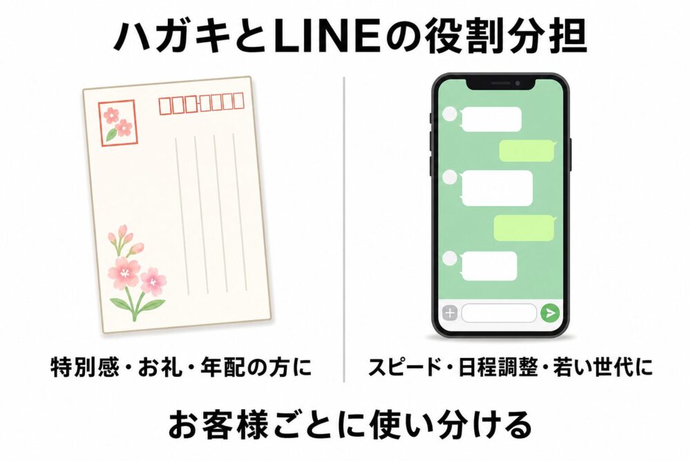 ハガキとLINEの役割分担の図解