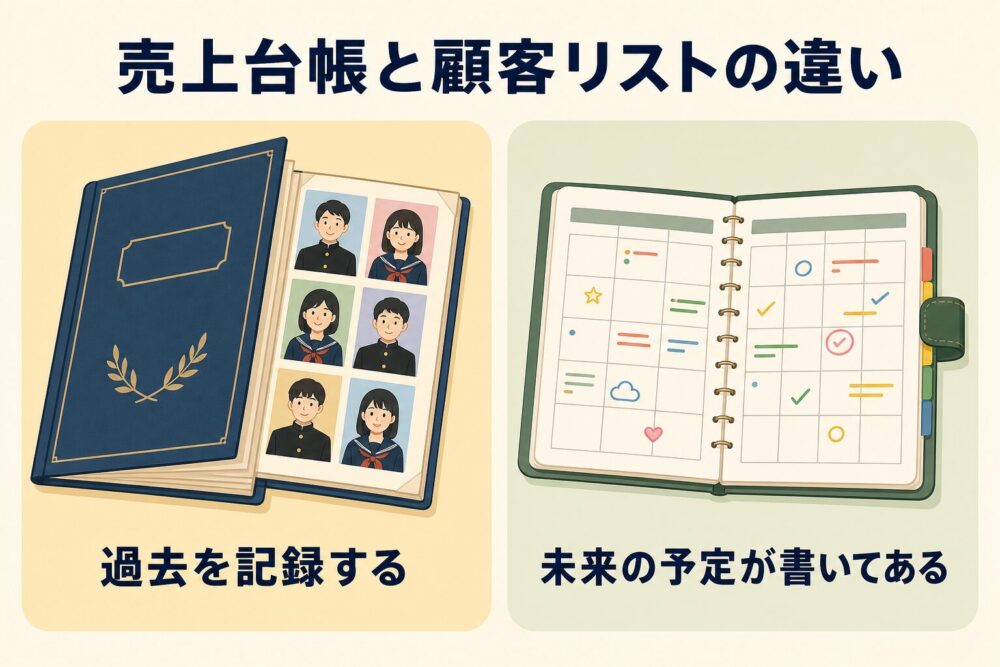 売上台帳は卒業アルバム、顧客リストは来年の手帳という図解