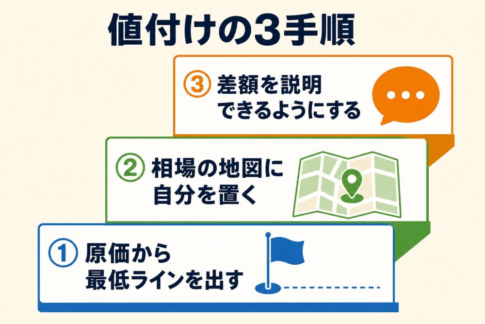 値付けの3手順の階段の図解
