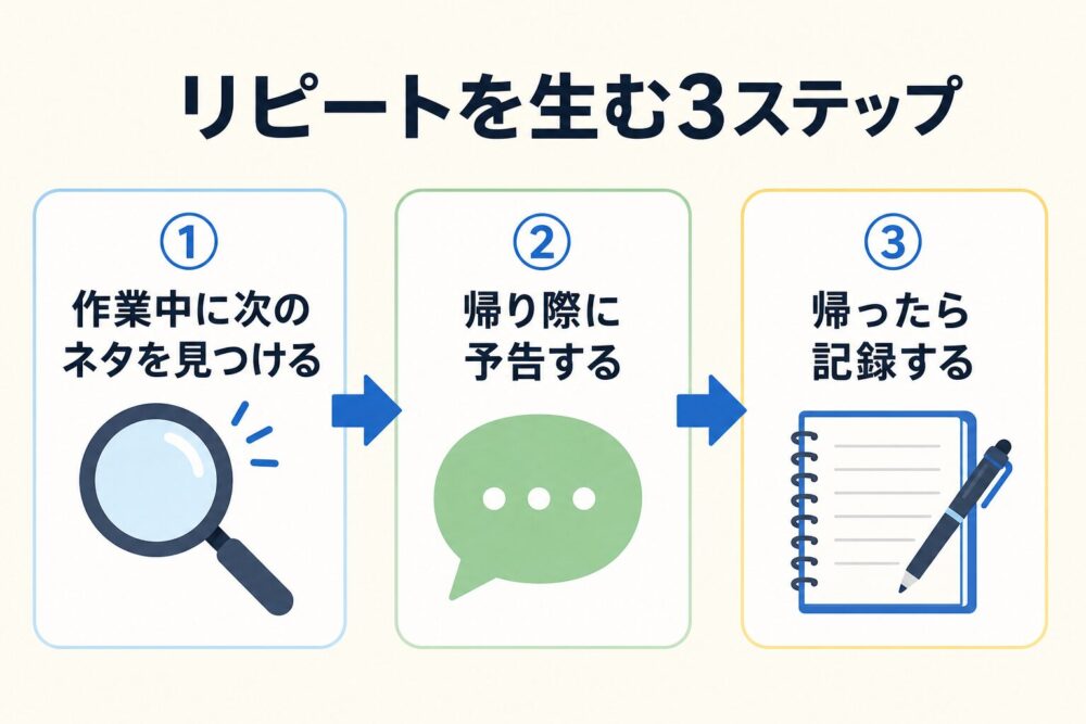 作業後のひと言から次回予約につながる流れの図解