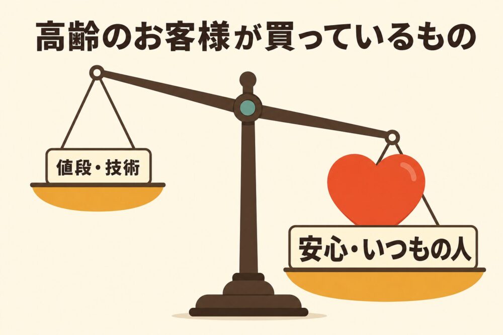 高齢のお客様が買っているのは安心といつもの人という天秤の図解
