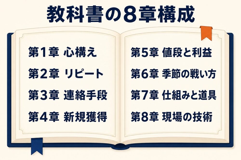 リピート集客の教科書8章構成の図解
