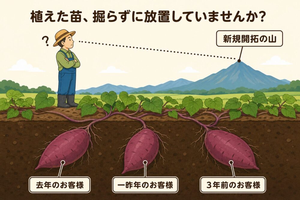 植えた苗(過去のお客様)を掘らずに新規開拓の山を見ている図解