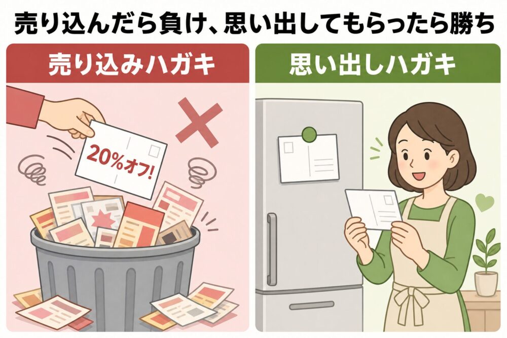 売り込みハガキは捨てられ、思い出しハガキは冷蔵庫に貼られる図解