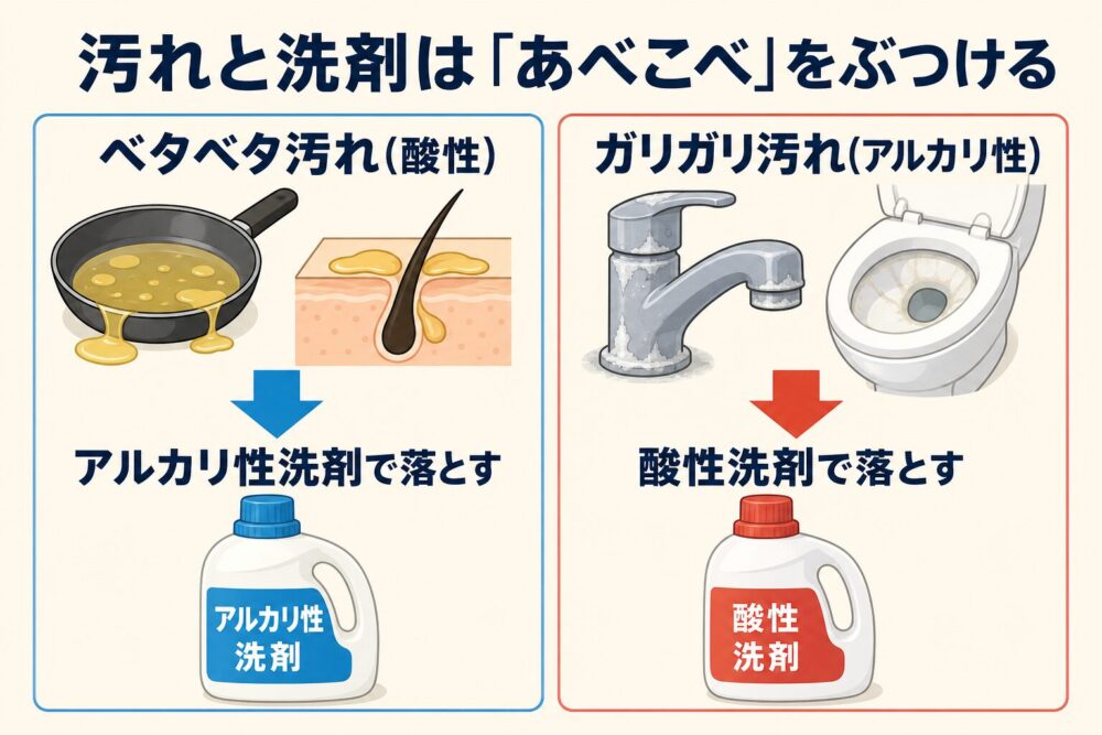 ベタベタ汚れにはアルカリ性、ガリガリ汚れには酸性という使い分けの図解