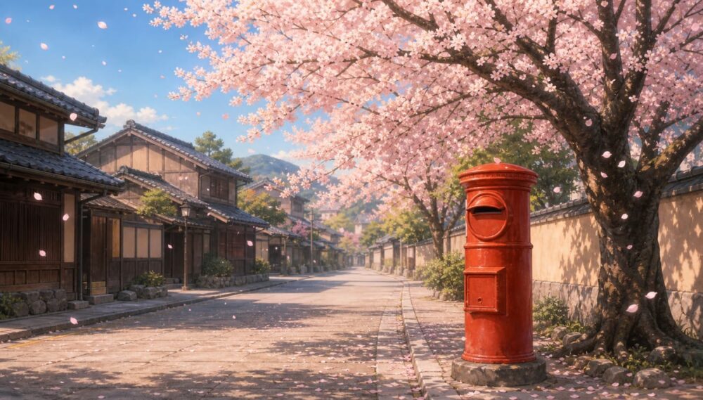 桜の木の下に立つ赤い郵便ポスト