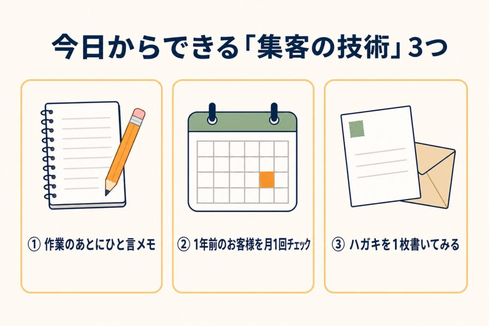 今日からできる集客の技術3つ: ひと言メモ・1年前のお客様リスト・ハガキ1枚