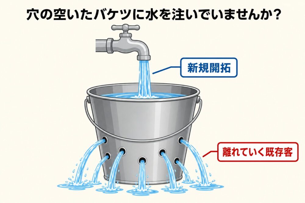穴の空いたバケツに水を注いでいませんか？蛇口の水は新規開拓、漏れる水は離れていく既存客