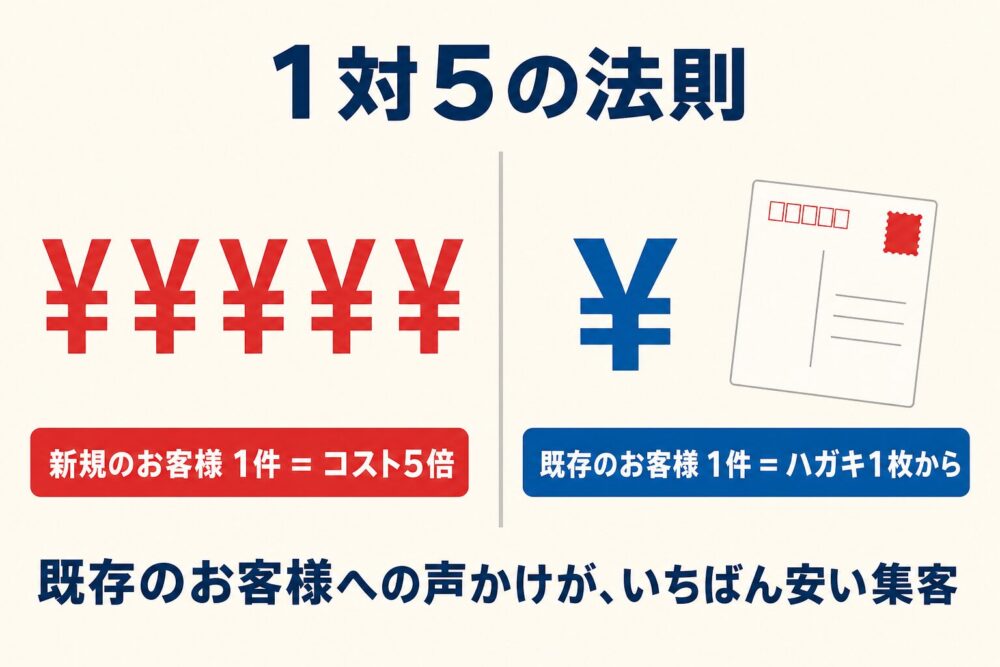 1対5の法則: 新規のお客様1件のコストは5倍、既存のお客様はハガキ1枚から