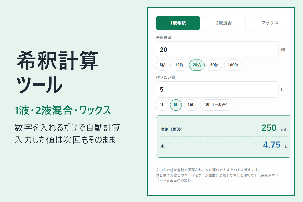 希釈計算ツール。1液・2液混合・ワックス対応、数字を入れるだけで自動計算