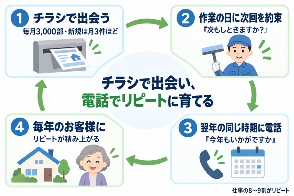チラシで出会い、作業の日に次回を約束し、翌年の同じ時期に電話してリピートに育てる集客サイクルの図